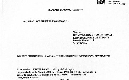 Il Messina ha presentato la domanda di ripescaggio in serie D